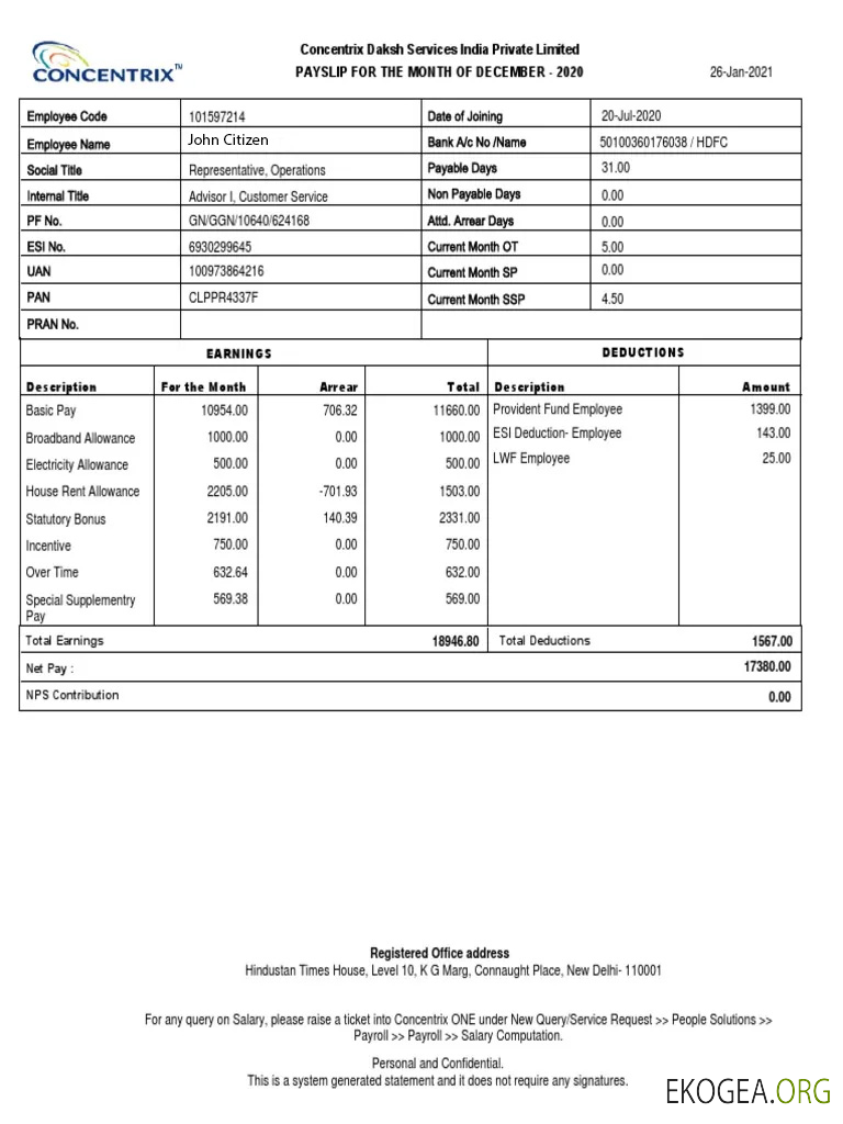 INDE CONCENTRIX Daksh Services India Private Limited Fiche de paie aux formats Word et PDF
